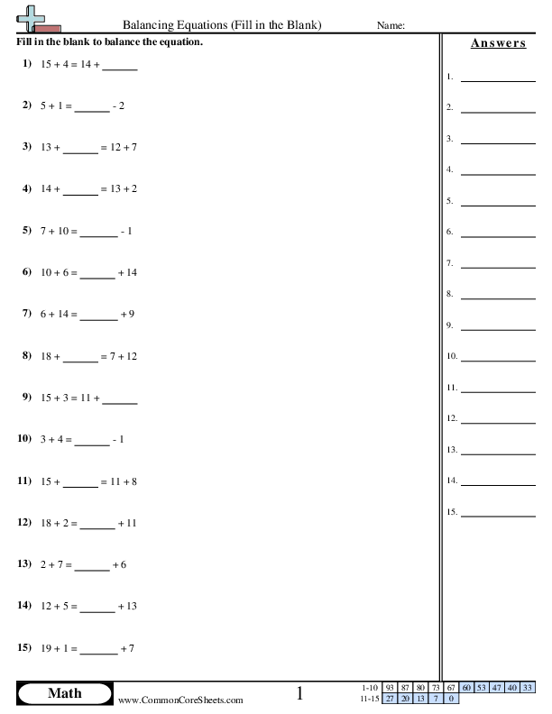 Addition & Subtraction (Fill in the Blank) worksheet